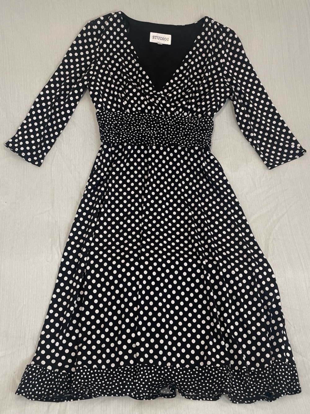 Studio I Black and White Polka Dot V-Neck Midi Dress